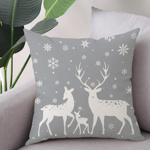 Vista 3 de Juego de 2 fundas de almohada de Navidad grises de 18 x 18 pulgadas, juego de 2 fundas cuadradas decorativas de lino con copos de nieve de ciervos