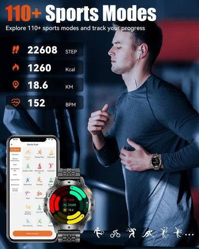 Vista 6 de Relojes inteligentes militares para hombre con llamada Bluetooth, reloj inteligente AMOLED impermeable de 1.43 pulgadas con linterna, 111 modos