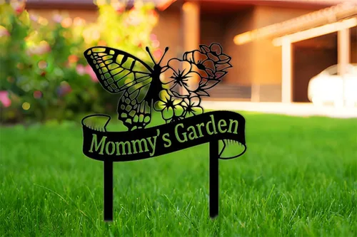 Vista 6 de Letreros de jardín personalizados con flores y mariposas, arte de metal para patio, estaca de jardín, letrero de metal, decoración de césped