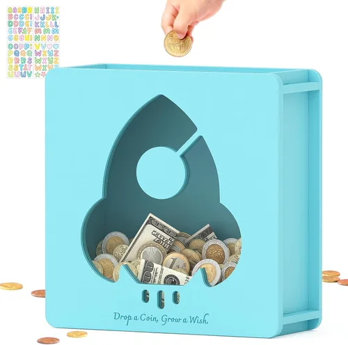Vista 20 de Summidate Caja de ahorro de dinero de madera, caja de ahorro de ventana transparente con calcomanías de bricolaje, alcancía de oso personalizada
