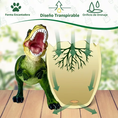 Vista 4 de FlidRunest Macetas suculentas de dinosaurio, maceta de resina creativa para suculentas con orificio de drenaje, accesorios de escritorio