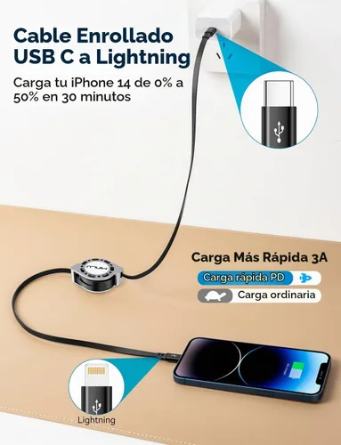 Vista 2 de MINLU Paquete de 2 cables USB tipo C a Lightning de 4 pies, cargador retráctil para iPhone de carga rápida para automóvil retráctil, cable USBC