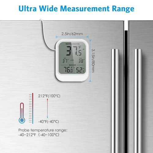 Vista 4 de AMIR Termómetro digital para nevera con sonda, pantalla LCD, registros máximos y mínimos, alarma, termómetro digital con sensor externo, imán