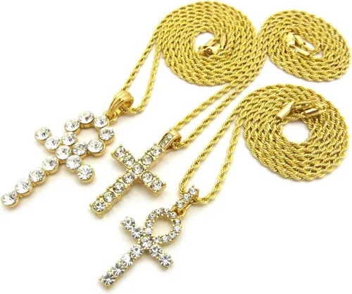 Vista 3 de Iced Out Breath of Life Ankh, colgante de cruz de 24.0in, 30 pulgadas, cadena de cuerda de 3 collar en tono dorado