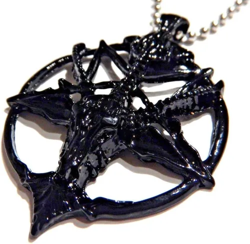 Vista 2 de Collar de cadena con colgante de pentagrama invertido y baphomet negro Satanás Lucifer Satanás Oculto Gótico Pentáculo Cabeza de Cabra Cuernos
