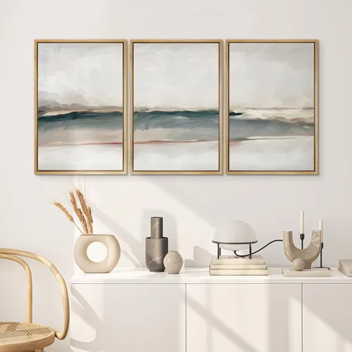 Vista 395 de SIGNWIN Lienzo enmarcado para pared, juego de arte pastel con cadena montañosa, bosque, niebla, naturaleza silvestre, ilustraciones modernas, arte