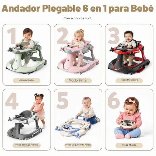 Vista 2 de TODEFULL Andador de bebé 6 en 1 con ruedas, altura de 3 niveles, caja de Verde