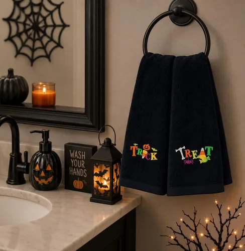 Vista 5 de Juego de 2 toallas de mano decorativas de Halloween, toallas de algodón de terciopelo de felpa negra con diseño bordado de truco o trato, toallas