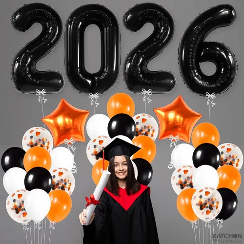 Vista 8 de KatchOn, Juego de globos negros 2026, gigantes de 40 pulgadas, paquete de 34 Globos de graduación naranja y negro 2026, decoraciones de graduación