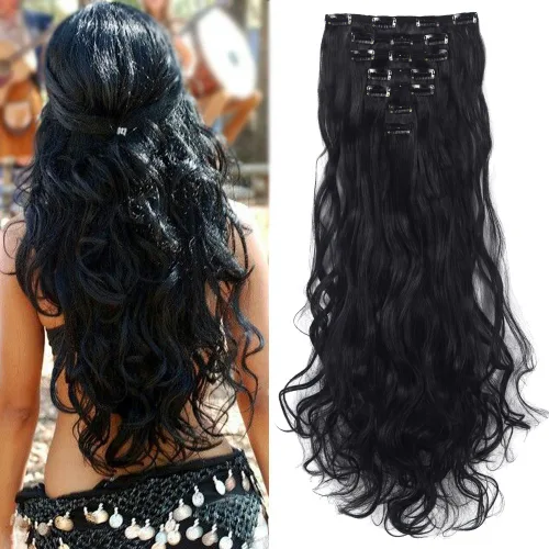 Vista 12 de Extensiones de cabello ondulado, doble trama, 7 piezas con 16 clips, largo de 24 pulgadas