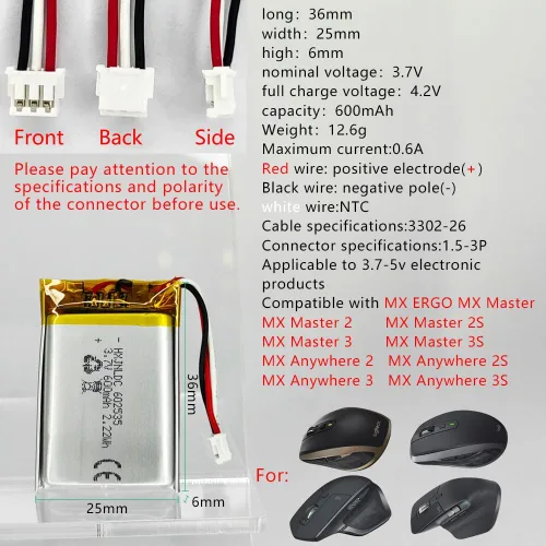 Vista 2 de DC 3.7V 600mAh 602535 batería de repuesto para Logitech MX Master 2 MX Master 2s MX Master 3 MX Master 3 MX Master 3s MX Anywhere 2 MX Anywhere 2S