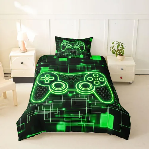 Vista 54 de Juego de funda de edredón con diseño de videojuegos para niños, tamaño individual, negro y azul a cuadros, juego de ropa de cama moderna