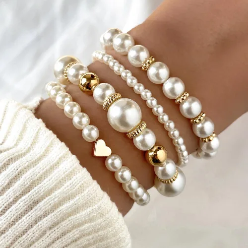 Vista 3 de Pulseras de perlas para mujer, pulsera de perlas de imitación con cuentas de perlas blancas, juego de pulseras elásticas apilables, pulseras