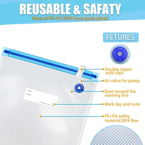 Vista 5 de Sous Vide Bags - 20 bolsas de 8.3 x 8.7 pulgadas/8.3x8.7 in, sin BPA, reutilizables, selladoras al vacío, mantienen los alimentos frescos