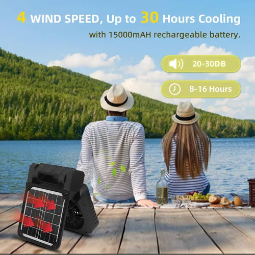 Vista 6 de Ventilador solar para camping de 20000 mAh, portátil, recargable, ventilador solar para cenador con luz LED y temporizador, batería inalámbrica de 4