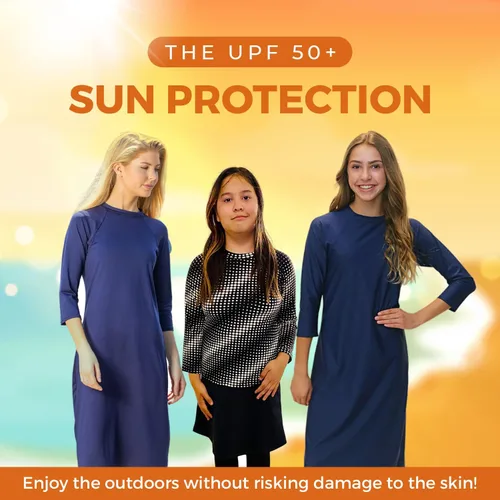 Vista 6 de Vestido de natación para niñas con protección solar UPF 50+, manga 34, vestido de traje de baño activo de alto rendimiento, traje de baño modesto