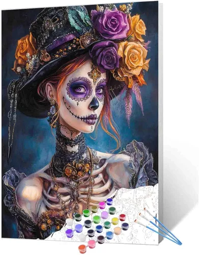 Vista 14 de Tucocoo Decoración del Día de los Muertos, pintura por números, esqueleto para parejas, pintura por números sobre lienzo con pinceles y pigmento