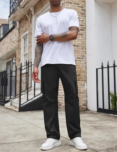 Vista 7 de COOFANDY Pantalones cargo casuales para hombre, pantalones deportivos de algodón con cordón