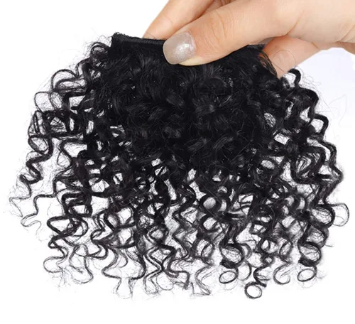 Vista 2 de Extensiones de cabello rizado Afro Kinly con clip, fleco de fleco falso natural, flequillo corto y rizado, cabello humano con clip, pieza de cabello