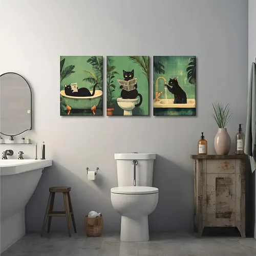 Vista 9 de 3 piezas de divertidos carteles de gato negro en lienzo para pared de baño Arte de pared vintage Gato se lava las patas leyendo el periódico