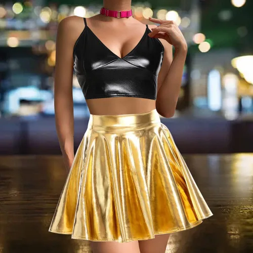 Vista 3 de eccbox Minifalda metálica brillante para mujer, diseño de discoteca de moda, acampanada, plisada y acampanada