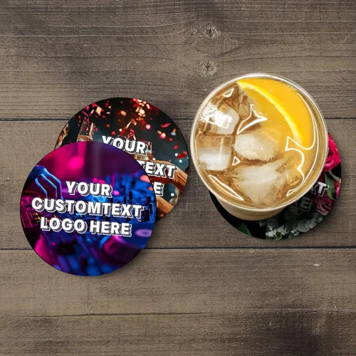 Vista 6 de Juego de 100 posavasos personalizados de cartón absorbente de 4 x 4 pulgadas de grosor, impresión personalizada a todo color, ideal para promoción
