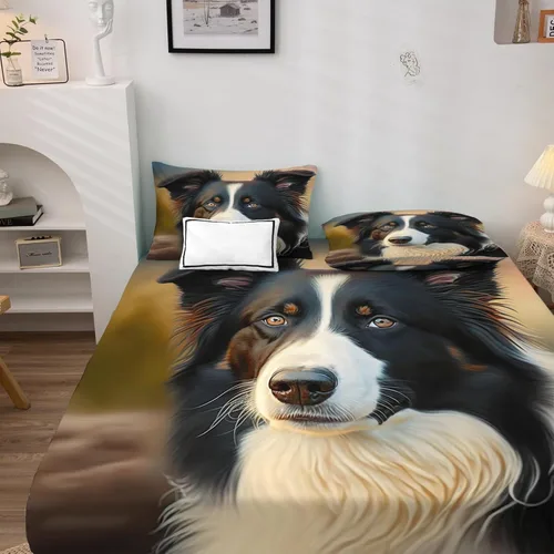 Vista 2 de Border Collie Sábanas tamaño individual XL, sábanas para perro, sábanas y fundas de almohada estampadas, juego de 3 piezas, sábana bajera ajustable
