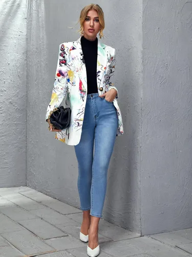 Vista 4 de Floerns Chaquetas de traje de trabajo casual de manga larga con gráficos coloridos para mujer