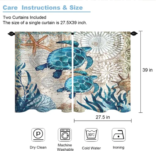 Vista 3 de Cortinas cortas de cocina con diseño náutico de tortugas marinas azules y playas, media cortina de baño para dormitorio, juego de 2 paneles de 27.5