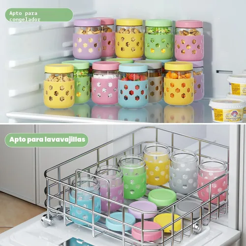 Vista 6 de Paquete de 4 recipientes para avena nocturna con tapas de vidrio engrosado, frascos Mason de 16 oz con fundas de silicona, herméticos a prueba