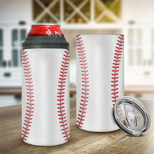 Vista 6 de winorax Vaso de béisbol 4 en 1, enfriador de latas de béisbol de acero inoxidable, vasos aislados para café, taza de viaje con tapa, vasos de regalo
