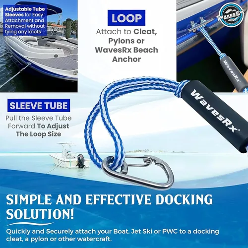 Vista 2 de WAVESRX DockingPal - Línea de muelle elástico prémium para barcos y PWC Cuerda de amarre elástica que se estira para absorber golpes y evitar
