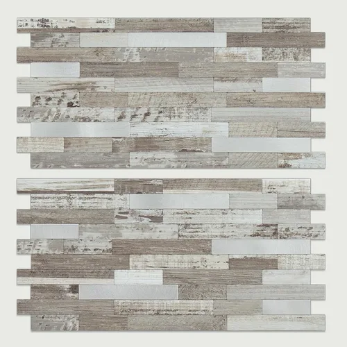 Vista 17 de AULIGET - 20 láminas de azulejos de pared de PVC autoadhesivos con aspecto de madera desgastada, para salpicadero de cocina Madera vintage + metal