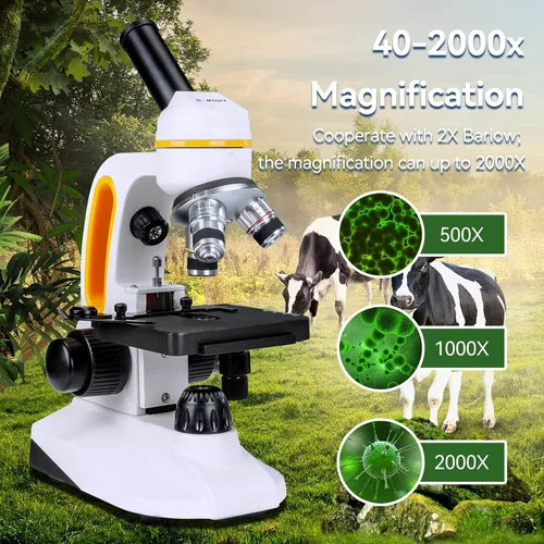 Vista 2 de SVBONY Microscopio monocular compuesto SM202 para adultos, kit de microscopio compuesto 40X-2000X, microscopio con etapa mecánica, adaptador