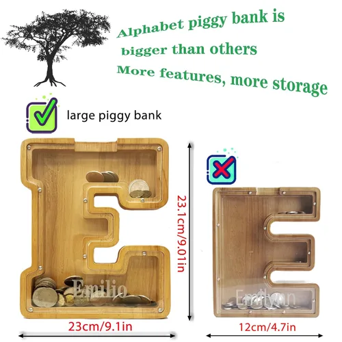 Vista 4 de Alcancía Personalizada de Madera con Alfabeto - Alcancía para Niños - Alcancía para Niños y Niñas - Alcancía de Monedas - Banco - Puede Usarse como