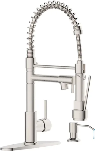 Vista 15 de Grifo de cocina con dispensador de jabón, grifos de fregadero de cocina de resorte de una sola manija con rociador desplegable y placa de cubierta