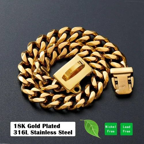 Vista 4 de Collar de cadena de acero inoxidable fuerte para perro con hebilla de fácil bloqueo y liberación, chapado en oro de 18 quilates, cadena de eslabones