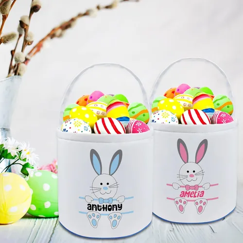 Vista 4 de Cesta de Pascua personalizada con nombre para niñas, niños y niños, cesta de Pascua personalizada bolsas de regalo para caza de huevos de Pascua