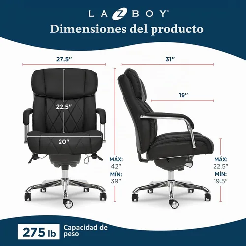 Vista 3 de La-Z-Boy Sutherland CHR10048A - Silla giratoria ergonómica de piel Negro