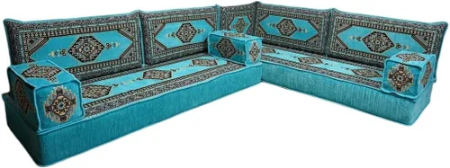 Vista 53 de arabicsofa Juego de asientos Jalsa en forma de L – Majlis árabe hecho a mano con almohadas de respaldo