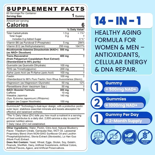 Vista 2 de Suplemento liposomal Nad+ para mujeres y hombres - Gomitas Nad de absorción máxima más resveratrol, fisetina, quercetina, TMG, cafeína, B12