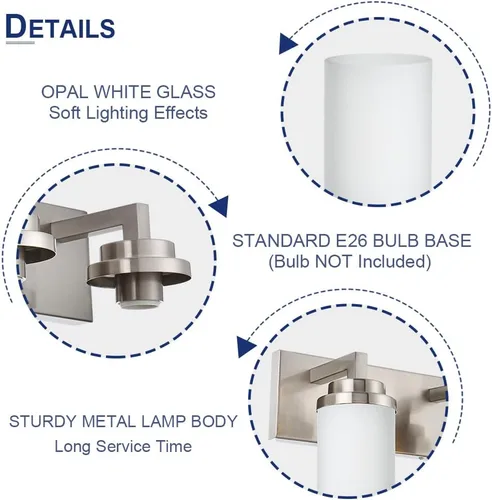 Vista 7 de TODOLUZ Lámpara de baño de 3 luces con pantallas de vidrio blanco ópalo, iluminación moderna de baño sobre espejo de níquel cepillado para cocina