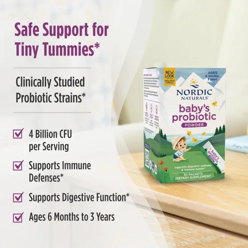 Vista 6 de Nordic Naturals Baby's Nordic Flora Probiotic Powder, sin sabor, 30 paquetes, 4 mil millones de UFC, salud digestiva y apoyo inmunológico para bebés