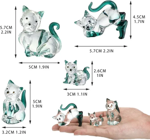 Vista 2 de HDCRYSTALGIFTS Figuras de Gatos de Cristal Soplado de 2 pulgadas Coleccionables Paquete de 4 Estatua de Animal Gatito de Cristal Verde Esmeralda