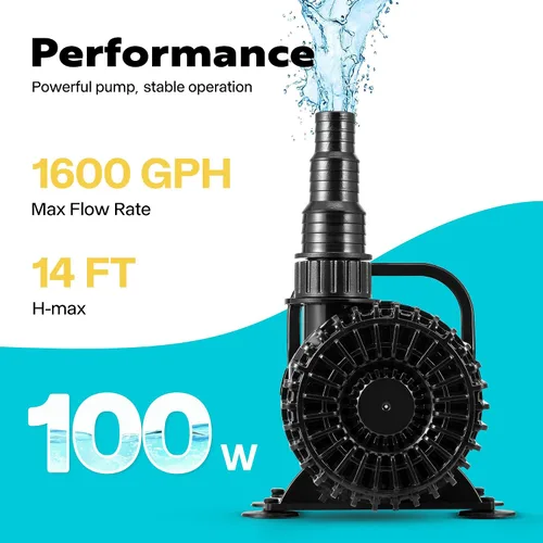 Vista 2 de VIVOHOME - Bomba de agua sumergible de 100W 1600GPH con boquilla ajustable sin costuras de 180° y bolsa de barrera para estanques de peces, cascadas