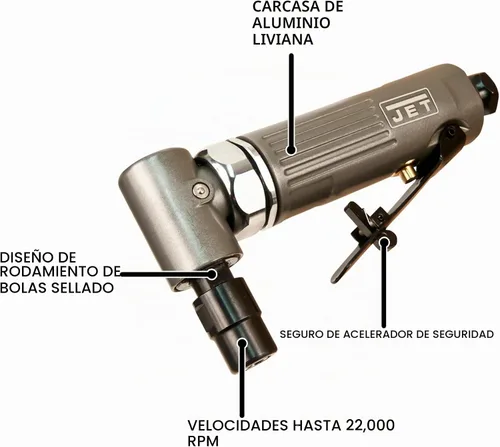 Vista 2 de JET Amoladora neumática de ángulo recto de 1/4 pulgadas, 22000 RPM (JAT-403), gris