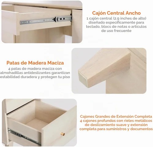 Vista 4 de WAMPAT - Escritorio de madera de 58 pulgadas con 4 cajones profundos y estación de carga, roble claro