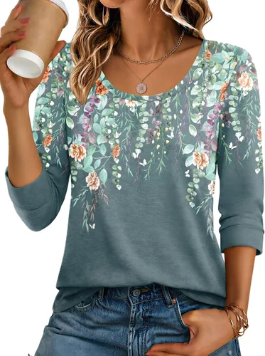 Vista 13 de Ekouaer Camisetas básicas casuales de manga 3/4 para mujer, cuello redondo Rayado Caqui