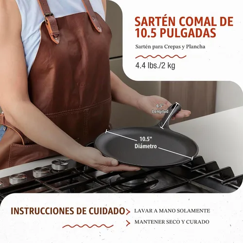 Vista 6 de Victoria - Sartén de hierro fundido tipo comal de 10.5 pulgadas con un mango largo, pre-curada con aceite de linaza, fabricada en Colombia
