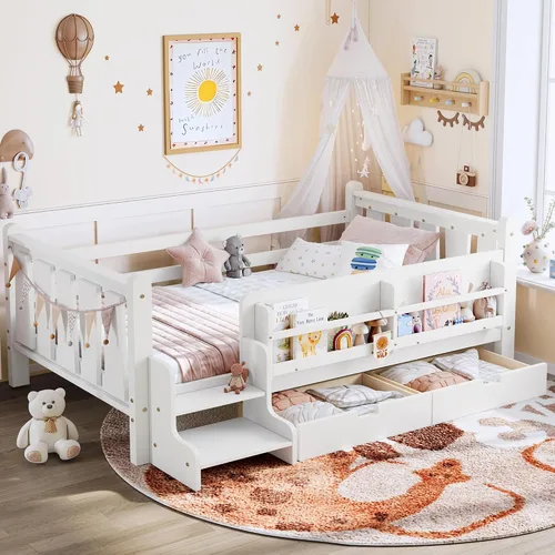 Vista 16 de Cama Montessori de tamaño matrimonial con estantería, cajones de Natural